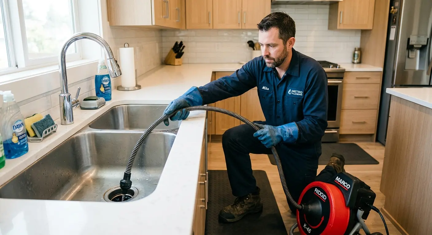 Drain cleaning technician using a motorized snake on a kitchen sink in Cape Girardeau