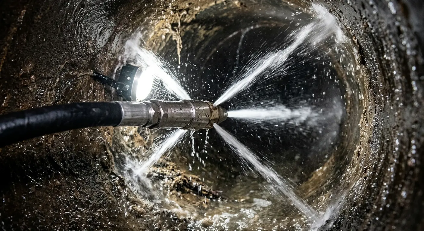 High-pressure hydro jetting nozzle cleaning sewer pipe for Emergency Drain Service in Cape Girardeau