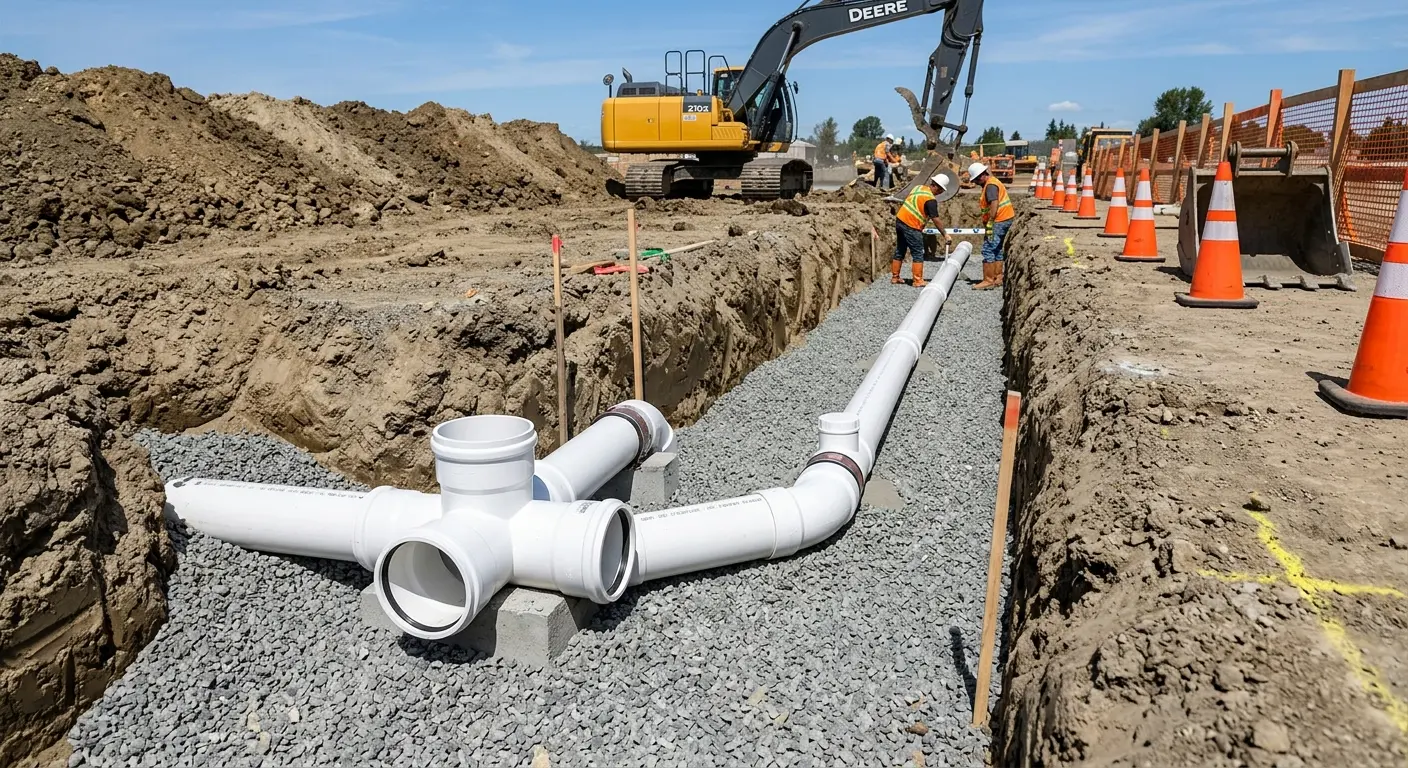New PVC sewer pipe installation in open trench for Commercial Drain Cleaning in Cape Girardeau