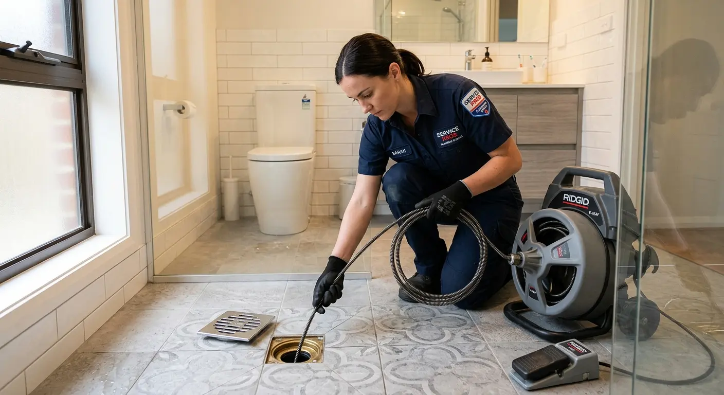 Technician clearing a bathroom floor drain for Drain Cleaning in Cape Girardeau